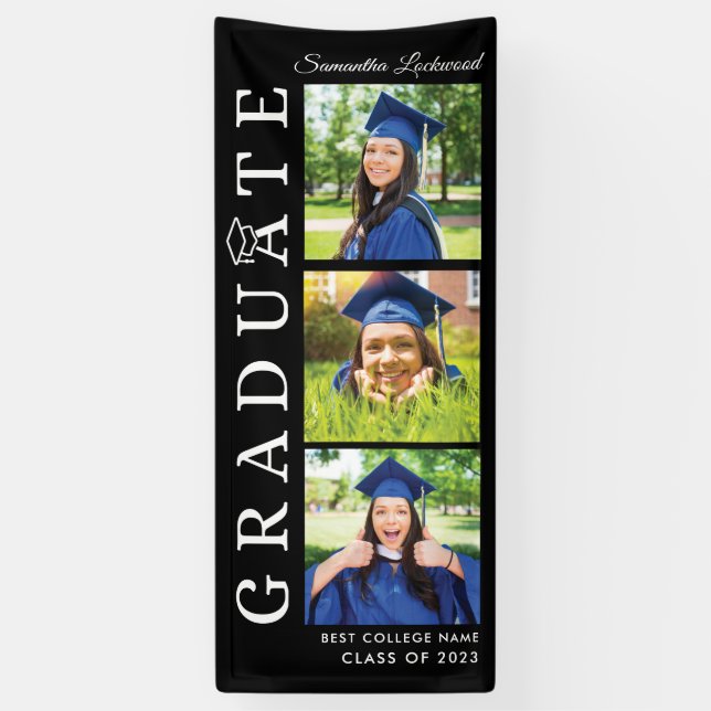 Graduation 2025 Photo Collage Black and White Grad Banner (Vertical)