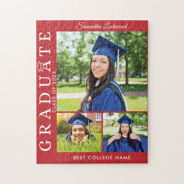 Graduation 2025 Photo Collage Red Grad Keepsake Jigsaw Puzzle (Vertical)
