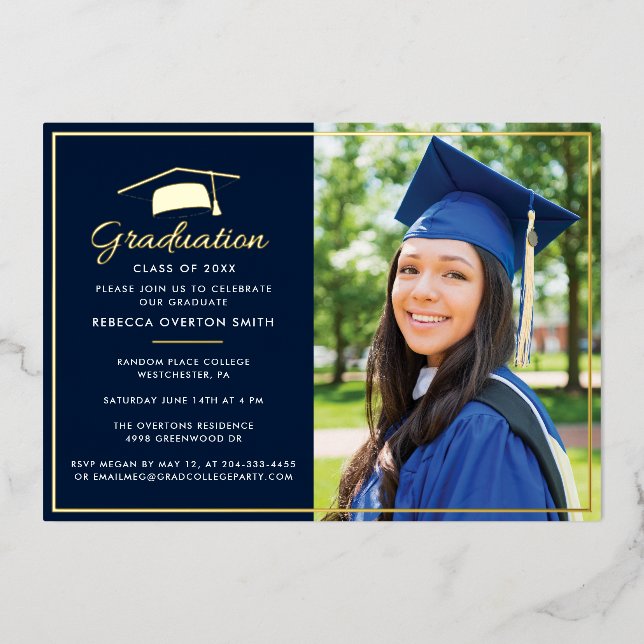 Graduation 2025 Photo Navy Blue Script Party Gold (Front)