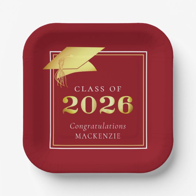 Graduation 2025 Red Faux Metallic Gold Paper Plate (Front)