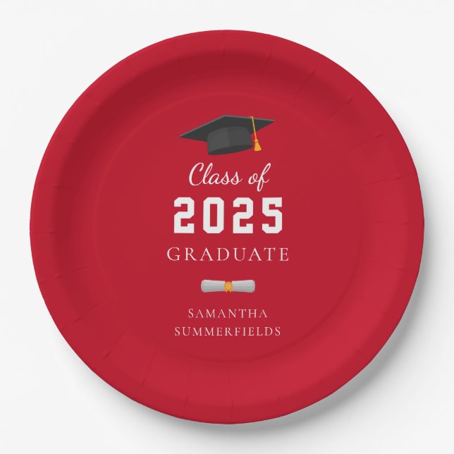 Graduation 2025 Red White Grad Custom Paper Plate (Front)