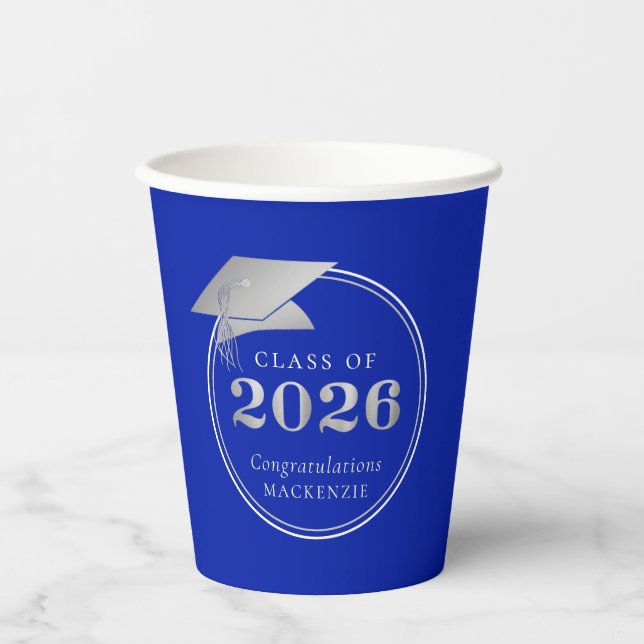 Graduation 2025 Royal Blue Silver Personalized Paper Cups (Front)