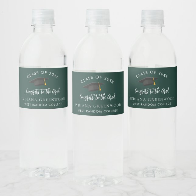 Graduation 2025 Script Green and White Modern Water Bottle Label (Bottles)