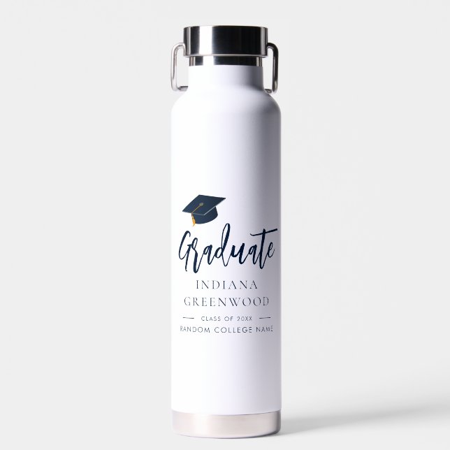 Graduation 2025 Script Navy Blue Grad Personalized Water Bottle (Front)
