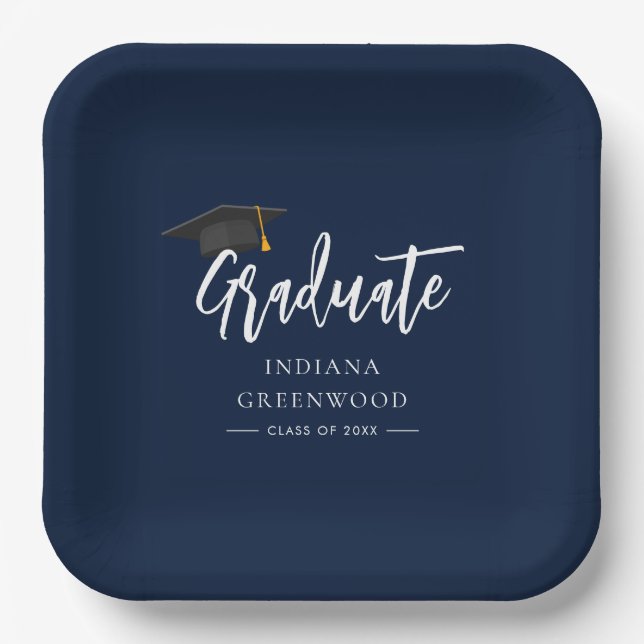 Graduation 2025 Script Navy Blue Paper Plate (Front)