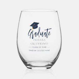 Graduation 2025 Script Navy Blue Personalized Stemless Wine Glass