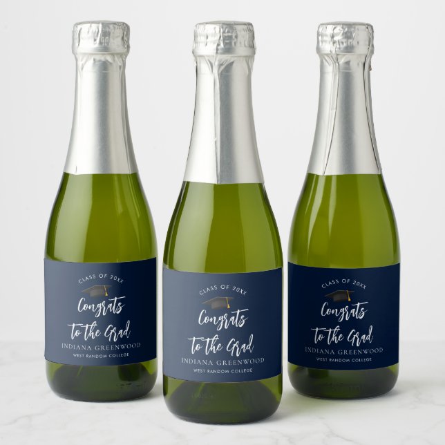 Graduation 2025 Script Navy Blue Sparkling Wine Label (Bottles)