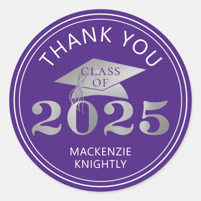 Graduation 2025 Thank You Purple Faux Silver Foil Classic Round Sticker (Front)