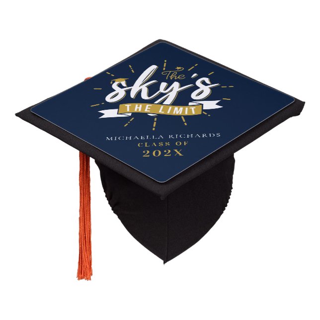 Graduation 2025 The Skys The Limit Grad Navy Blue Graduation Cap Topper (Angled)