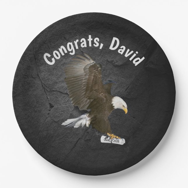 Graduation 2026 Bald Eagle with Diploma and Name Paper Plate (Front)