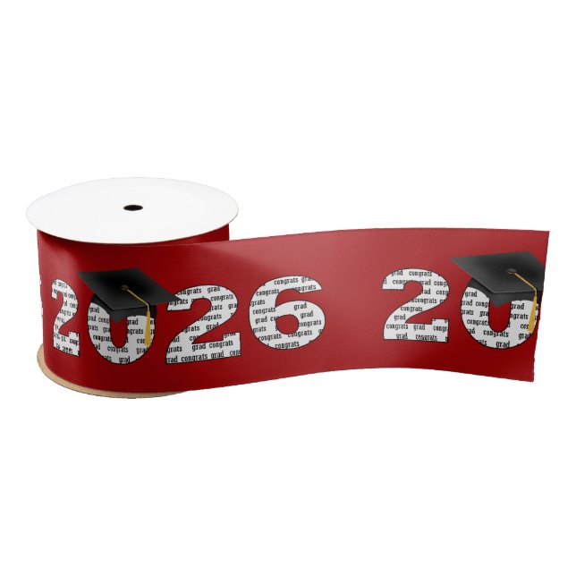 Graduation 2026 Congrats Grad Word Cloud on Red Satin Ribbon (Spool)