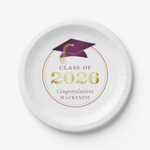 Graduation 2026 Faux Metallic Maroon Gold Paper Plate