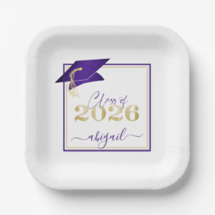 Graduation 2026 Faux Metallic Purple Gold Script Paper Plate
