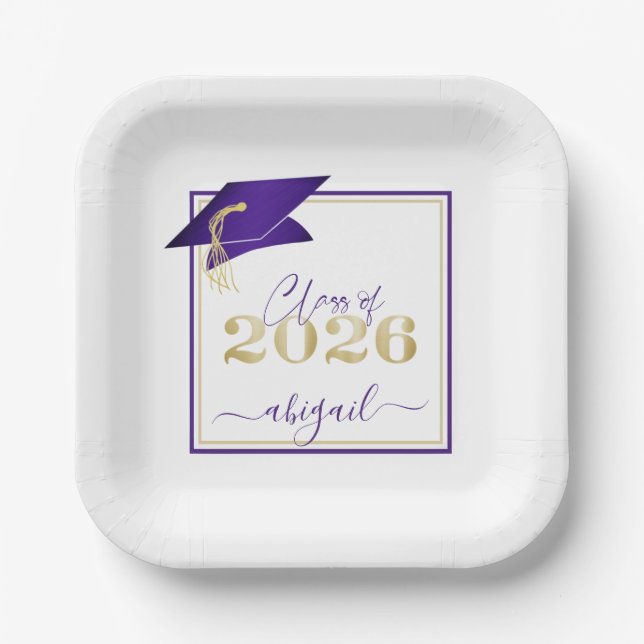 Graduation 2026 Faux Metallic Purple Gold Script Paper Plate (Front)