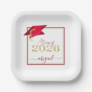 Graduation 2026 Faux Metallic Red Gold Script Paper Plate