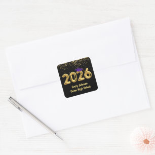 Graduation 2026 Gold Balloons and Purple Cap Square Sticker
