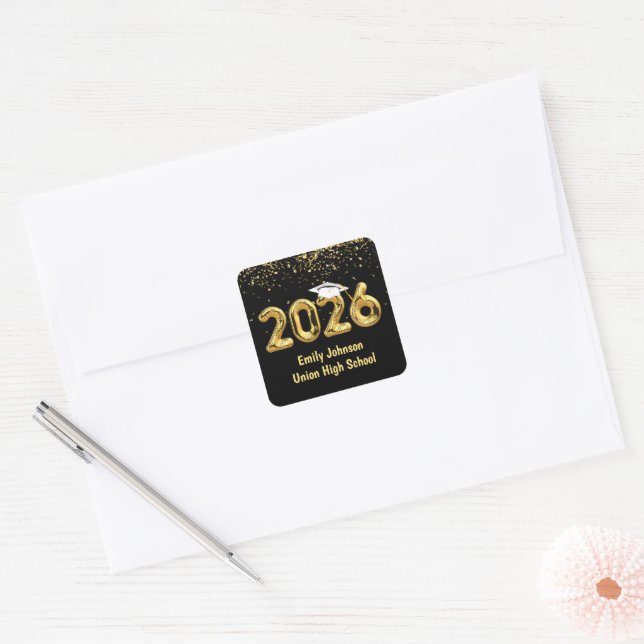 Graduation 2026 Gold Balloons and White Cap Square Sticker (Envelope)