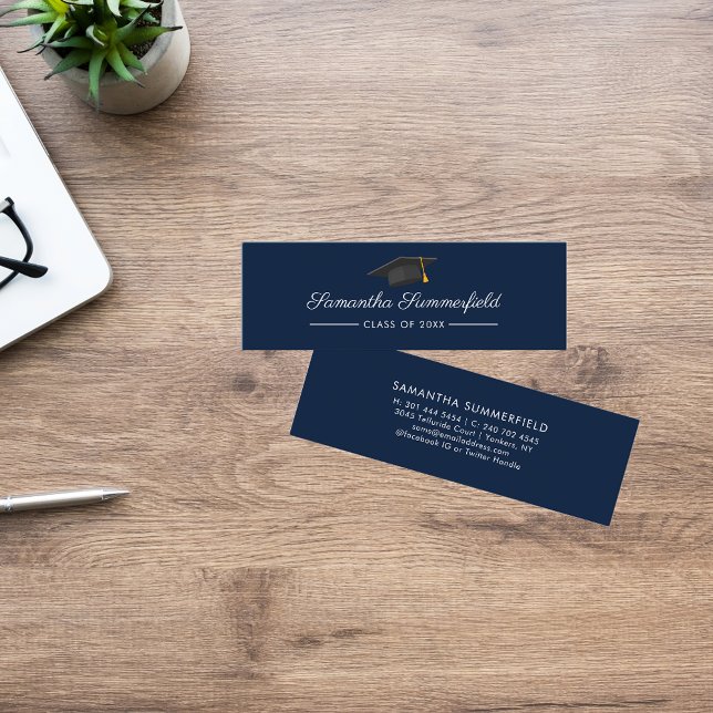 Graduation 2026 Name Modern Script Navy Blue Card (Graduation 2025 Grad Student Navy Blue Mini Calling Card)