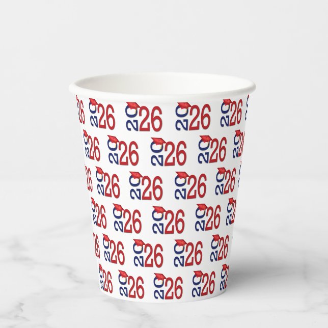 Graduation 2026 Navy Blue and Red Paper Cups (Front)