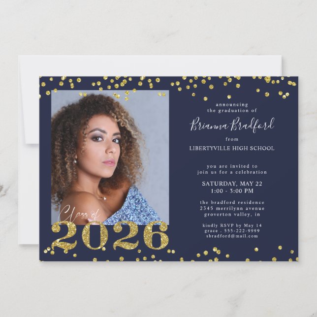 Graduation 2026 Navy Blue Gold Glitter Invitation (Front)