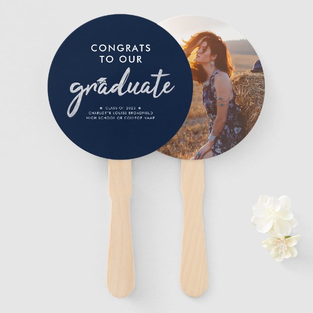 Graduation 2026 Photo Navy Blue Script Grad Hand Fan (Front and Back)