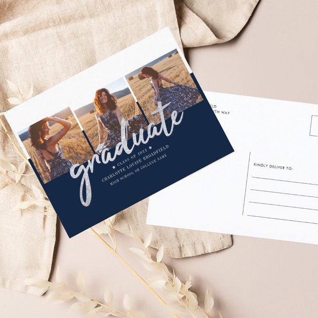 Graduation 2026 Photos Script Grad Announcement Postcard (Graduation Photo Collage Announcement Postcard)
