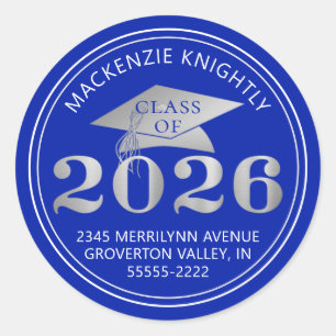 Graduation 2026 Royal Blue Silver Return Address Classic Round Sticker