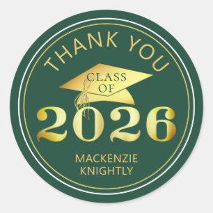 Graduation 2026 Thank You Green Faux Gold Foil Classic Round Sticker