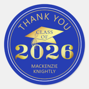 Graduation 2026 Thank You Royal Blue Faux Gold Classic Round Sticker