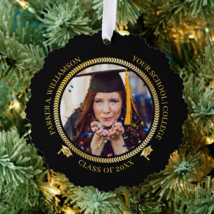 Graduation 2 Photo Black Gold Grad Cap Class Year Ornament Card