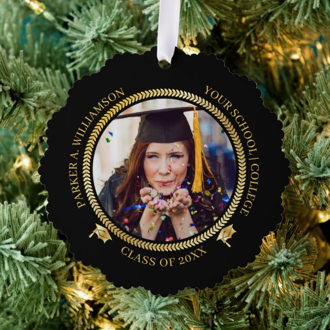 Graduation 2 Photo Black Gold Grad Cap Class Year Ornament Card (Insitu (Tree))