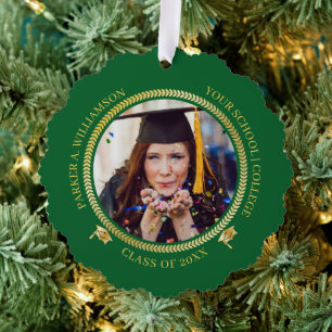 Graduation 2 Photo Green Gold Grad Cap Class Year Ornament Card