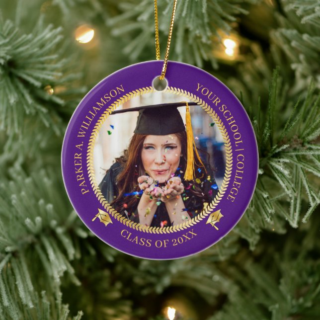 Graduation 2 Photo Purple|Gold Grad Cap Class Year Ceramic Ornament (Tree)