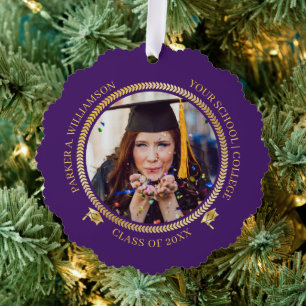 Graduation 2 Photo Purple Gold Grad Cap Class Year Ornament Card