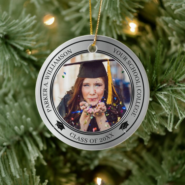 Graduation 2 Photo Silver Tone Grad Cap Class Year Ceramic Ornament (Tree)