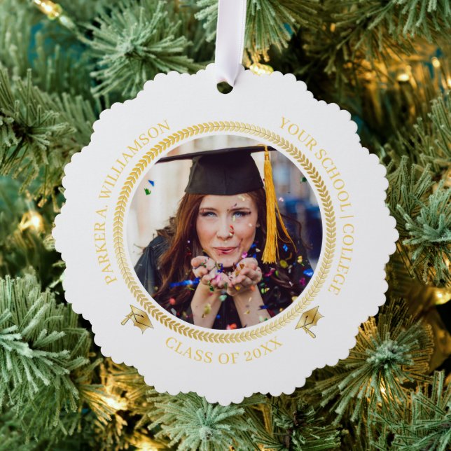 Graduation 2 Photo White Gold Grad Cap Class Year Ornament Card (Insitu (Tree))