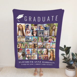 Graduation 30 Photo Collage Purple Fleece Blanket