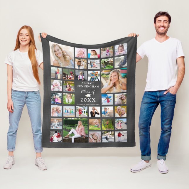 Graduation 35 Photo Collage Grey Shimmer Fleece Blanket (In Situ)