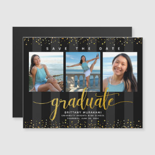 Graduation 3 Photo Black Gold Save the Date Modern Magnetic Invitation
