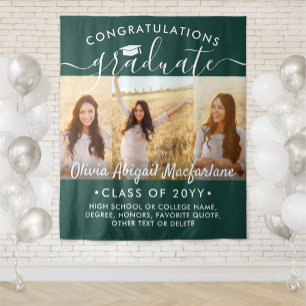 Graduation 3 Photo Collage Dark Green Backdrop Tapestry