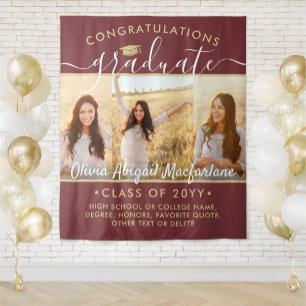 Graduation 3 Photo Collage Large Burgundy and Gold Tapestry