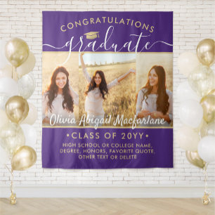 Graduation 3 Photo Collage Large Purple and Gold Tapestry