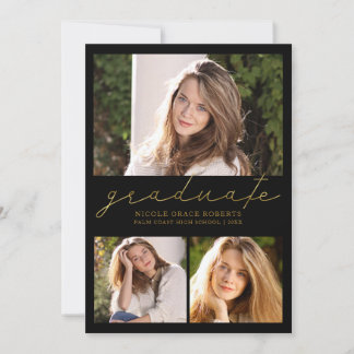 Graduation 3-Photo Collage Preppy Gold Script Announcement