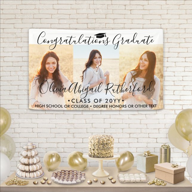 Graduation 3 Photo Collage Simple Black Script Banner (Creator Uploaded)
