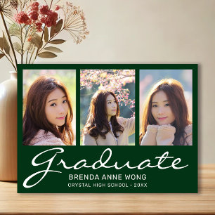 Graduation 3 Photo Collage White Script Green Announcement