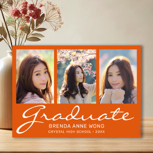 Graduation 3 Photo Collage White Script Orange Announcement