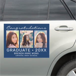Graduation 3 Photo Collage White Script Royal Blue Car Magnet