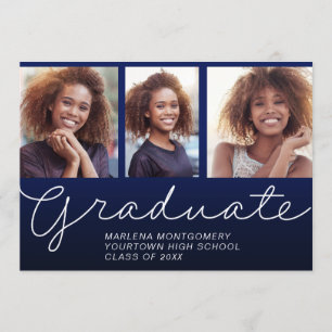 Graduation 3 Photo Elegant Script Party Navy Blue Invitation
