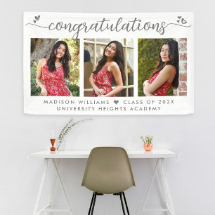 Graduation 3 Photo Modern Grey Calligraphy Hearts Banner