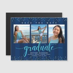 Graduation 3 Photo Navy Blue Save the Date Modern Magnetic Invitation